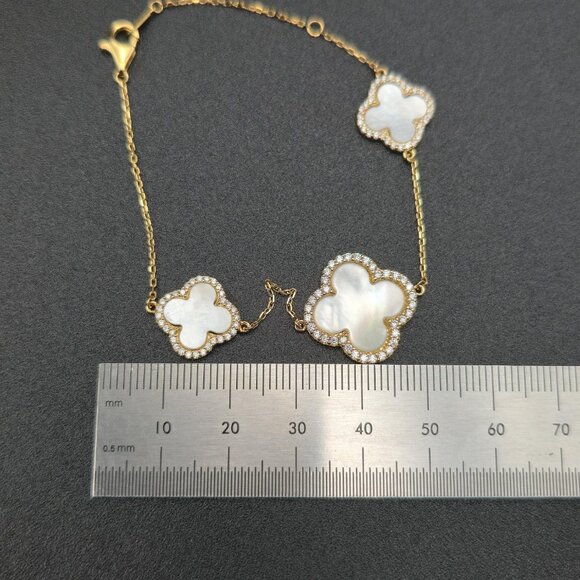 7.5 Inch Gold Over Sterling Silver White Shell And Cubic Zirconia Bracelet A6309 - Picture 6 of 7